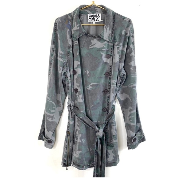 PAM & Gela Camo Lightweight Tencel Trench Coat in Vintage Green Size L - Picture 2 of 13